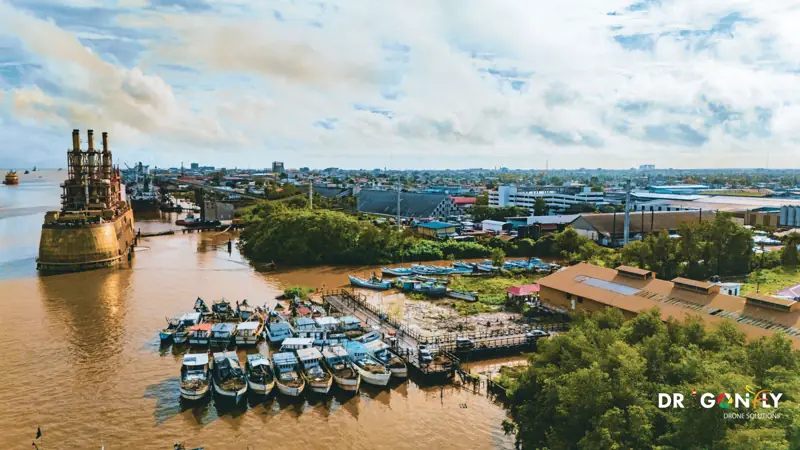 Aerial view of the Demerara River waterfront and port in Georgetown