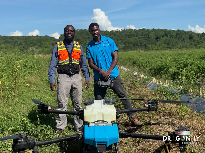 Crew with an agricultural spray drone