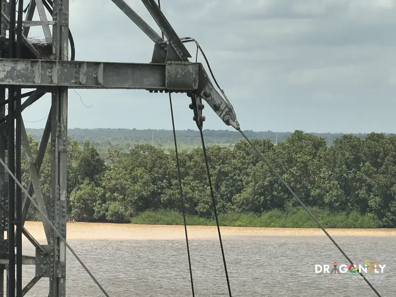 Drone view from a transmission tower over the river